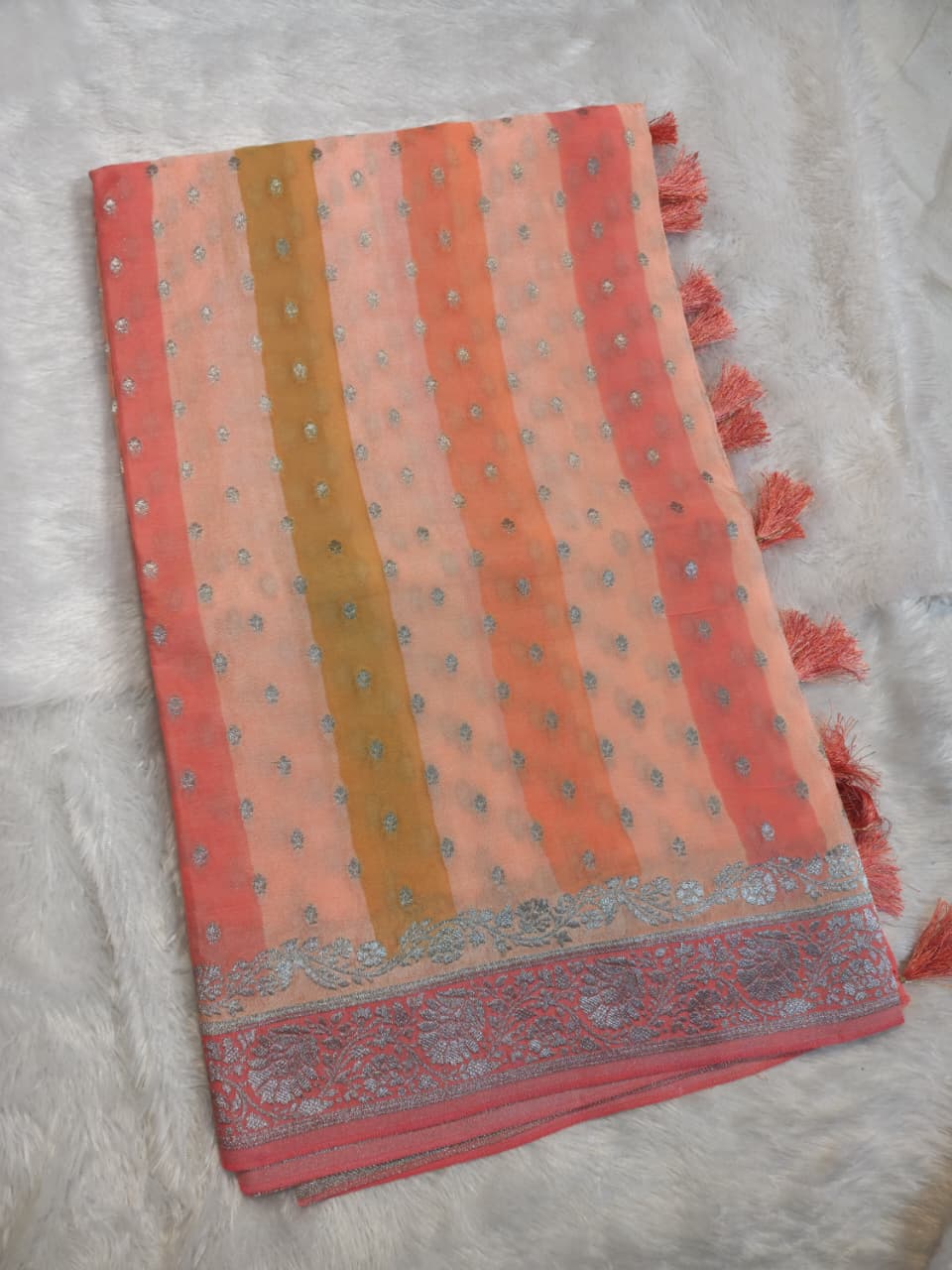 Peach–Coral Banarasi Silk Saree with Soft Zari Stripes & Floral Border