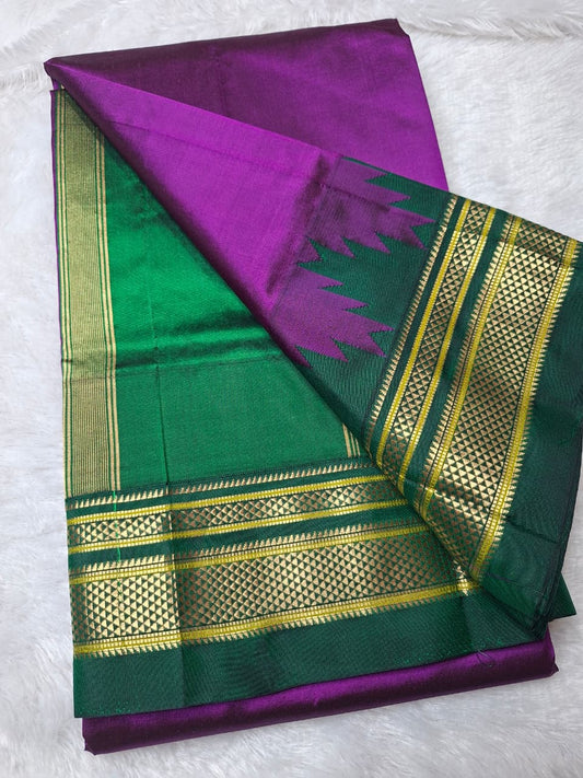 Pink Green plain with temple border ilkal silk