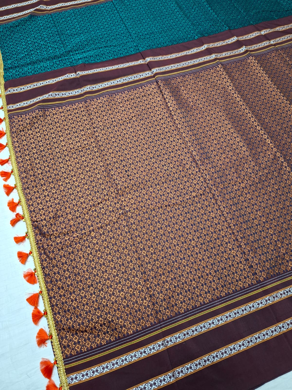 peacock blue brown Ilkal Khun 3D Saree