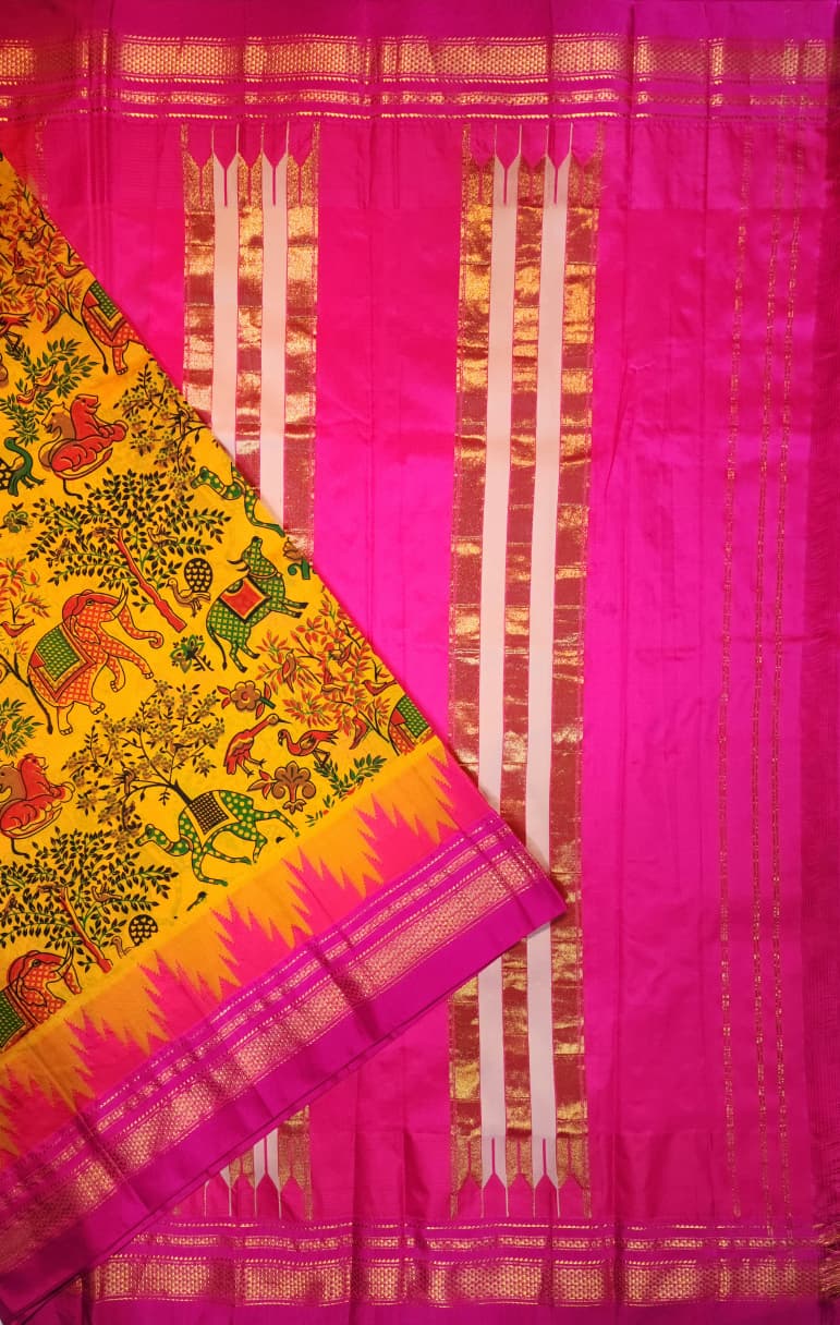 Mustard Kalamkari Cotton Saree with Pink Ilkal-Style Border