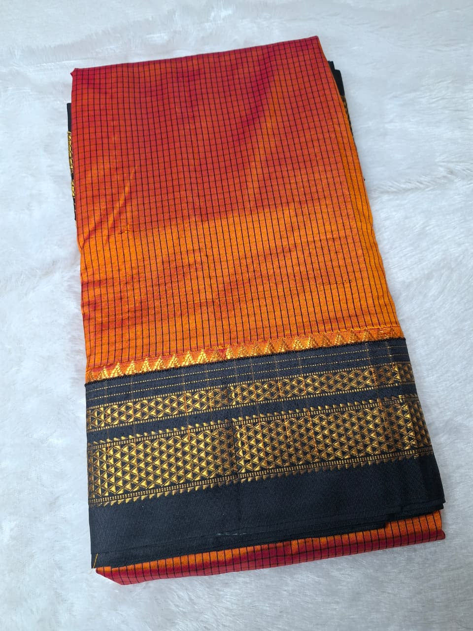 Orange -Black Ragavalli Checks- Ilkal Silk