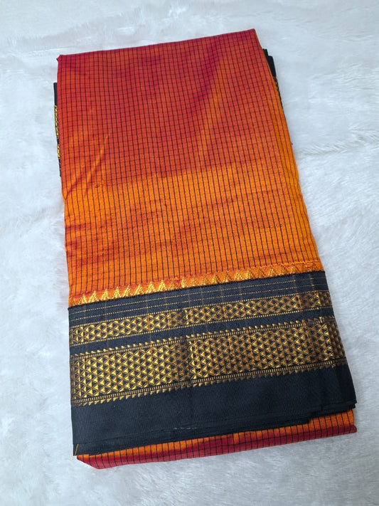 Orange -Black Ragavalli Checks- Ilkal Silk