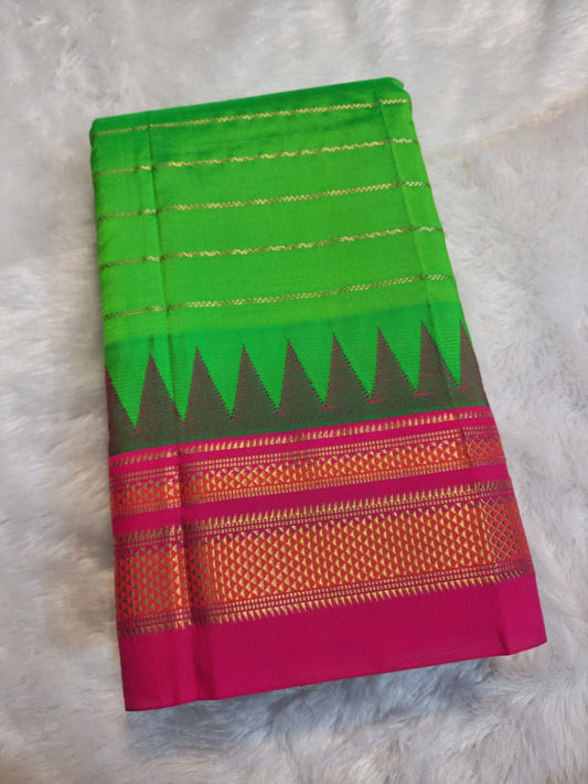 Leaf Green Pure Ilkal Gadwal Silk Saree with Necklace Zari Lines