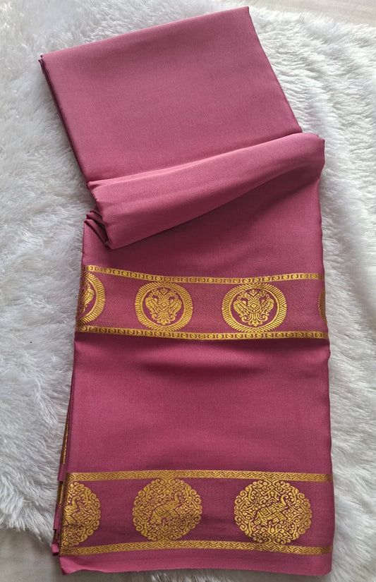 Pastel pink Mysore Crepe Silk with bentexr-gandberunda motifs border