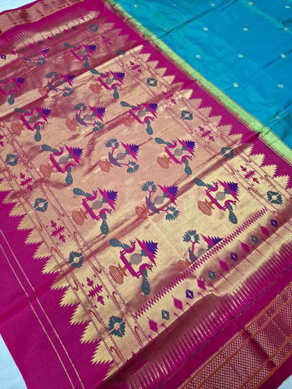 Turquoise Blue Paithani Silk with Flower Motifs