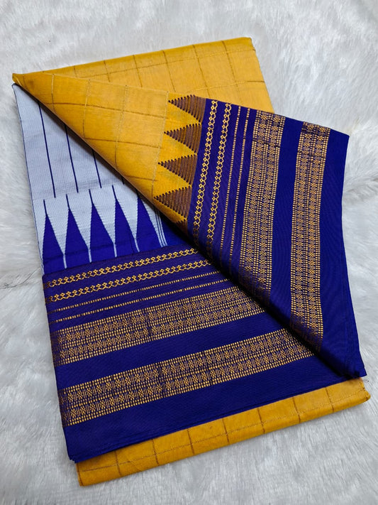 Mustard Yellow Big Checks Ilkal Saree with Royal Blue Big Border