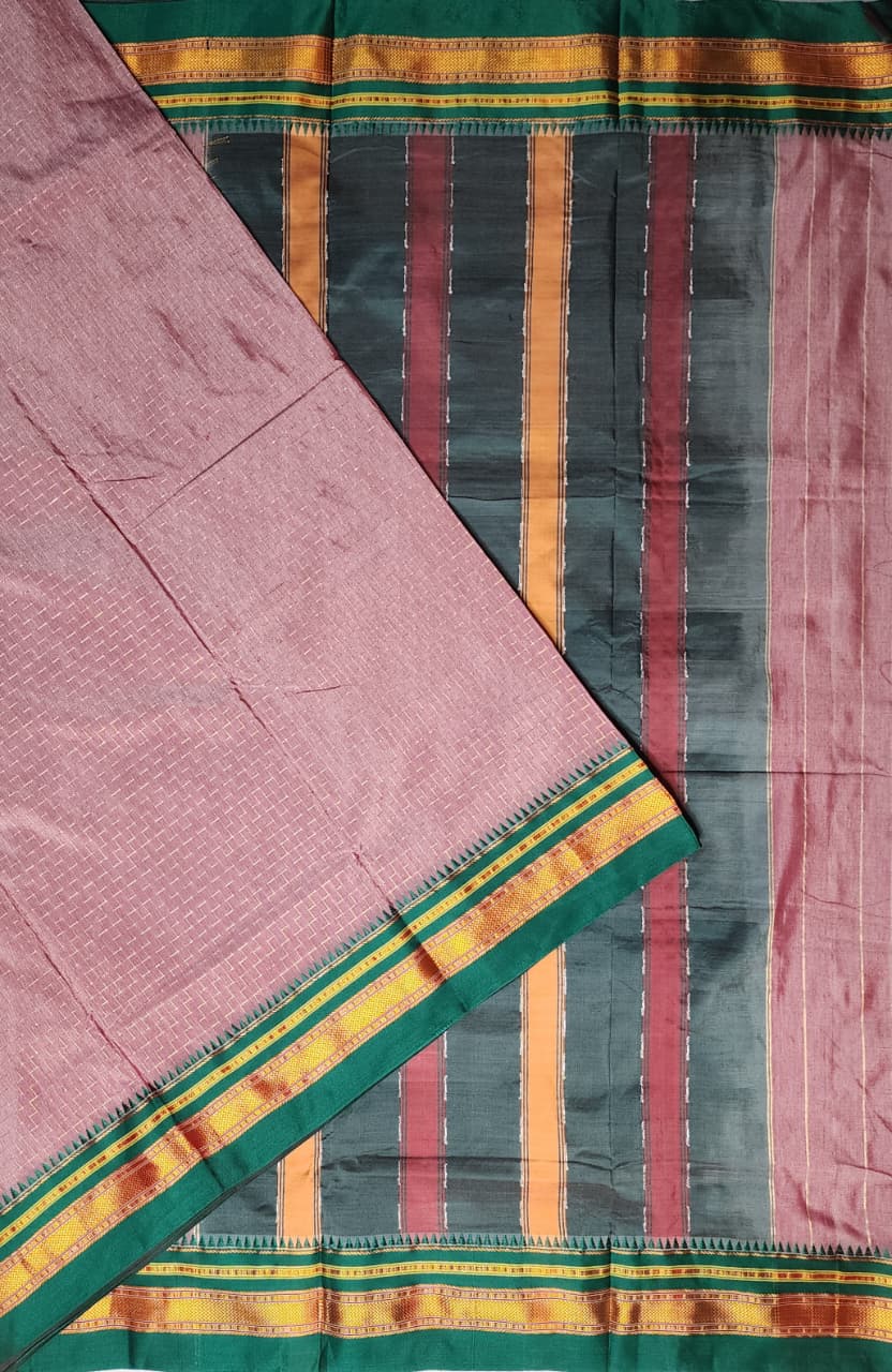 Mauve & Green Ilkal Cotton Saree with Zig-Zag Jari