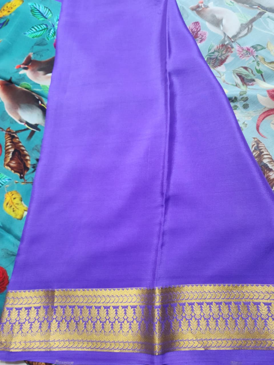 Teal Floral Print Mysore Silk Saree