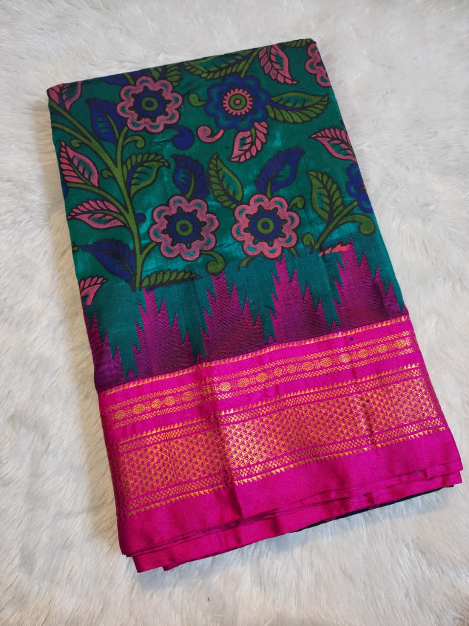 Rich Teal-Blue Ilkal–Kalamkari Floral print Fusion Saree