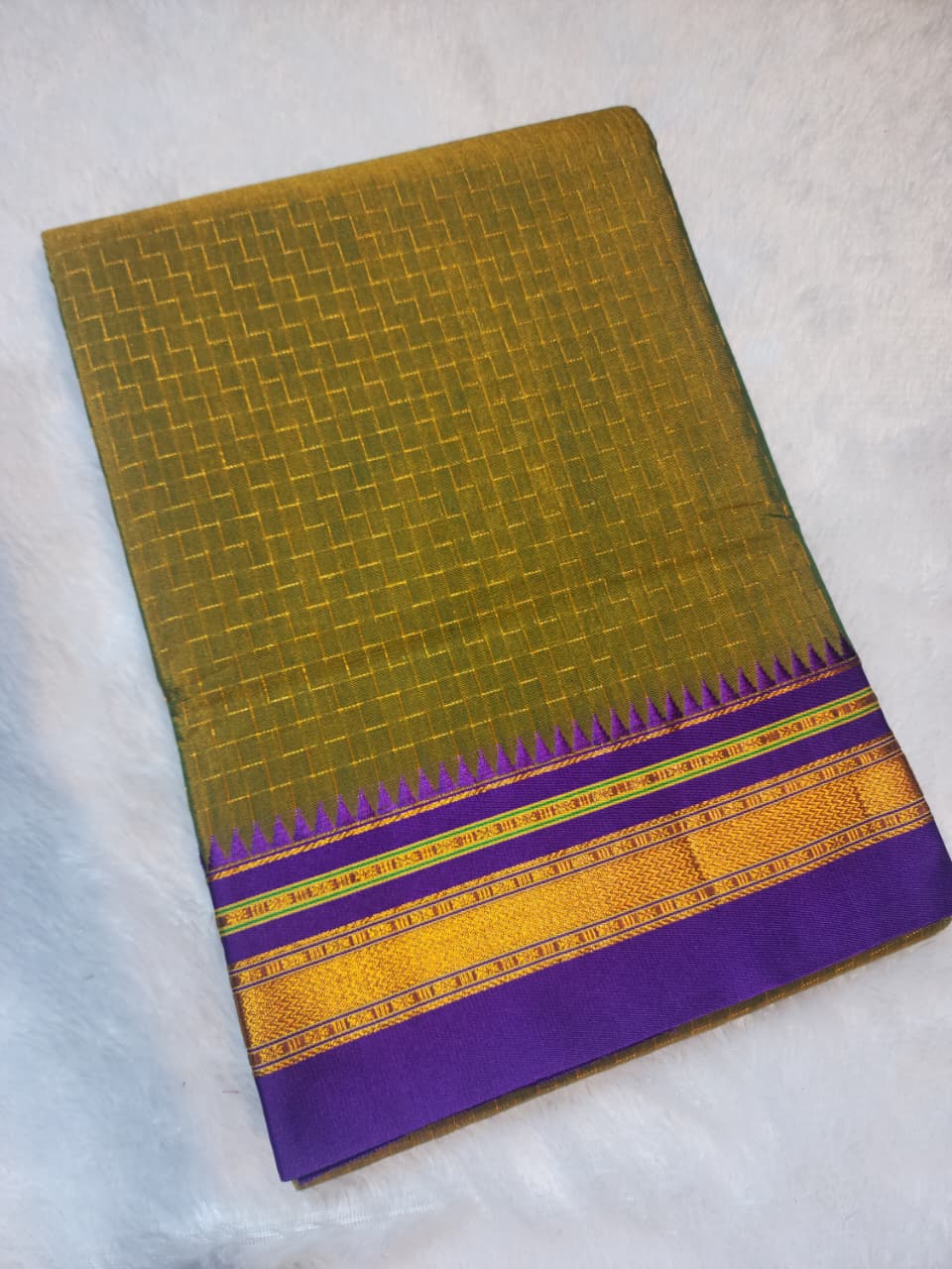Olive-Green Ilkal Zig-Zag Cotton Saree with Contrast Zari Border & Pallu