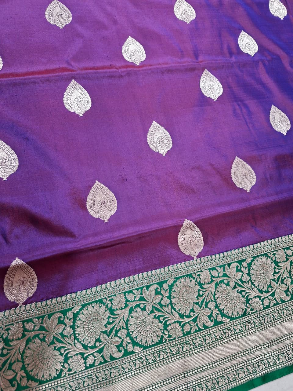 Purple Banarasi Silk Saree with Silver Leaf Motifs