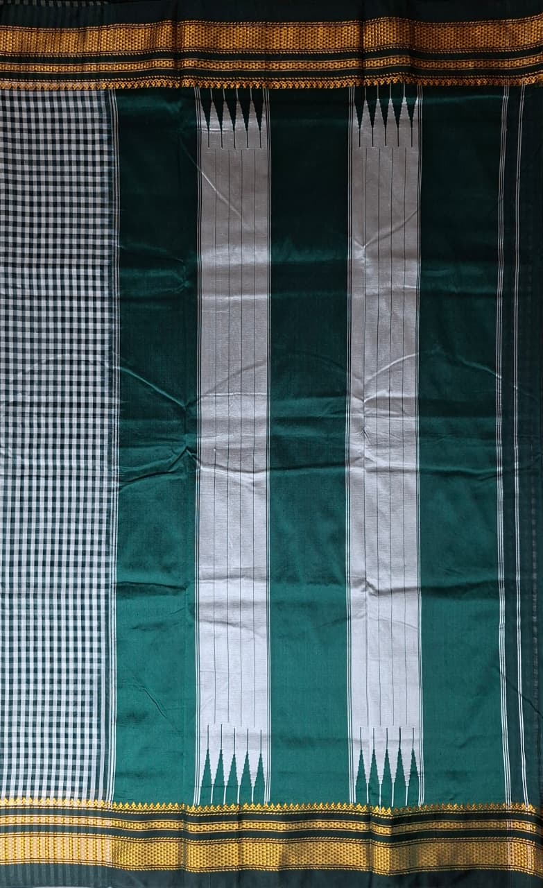 Bottle Green & White Ilkal Mini Checks Saree