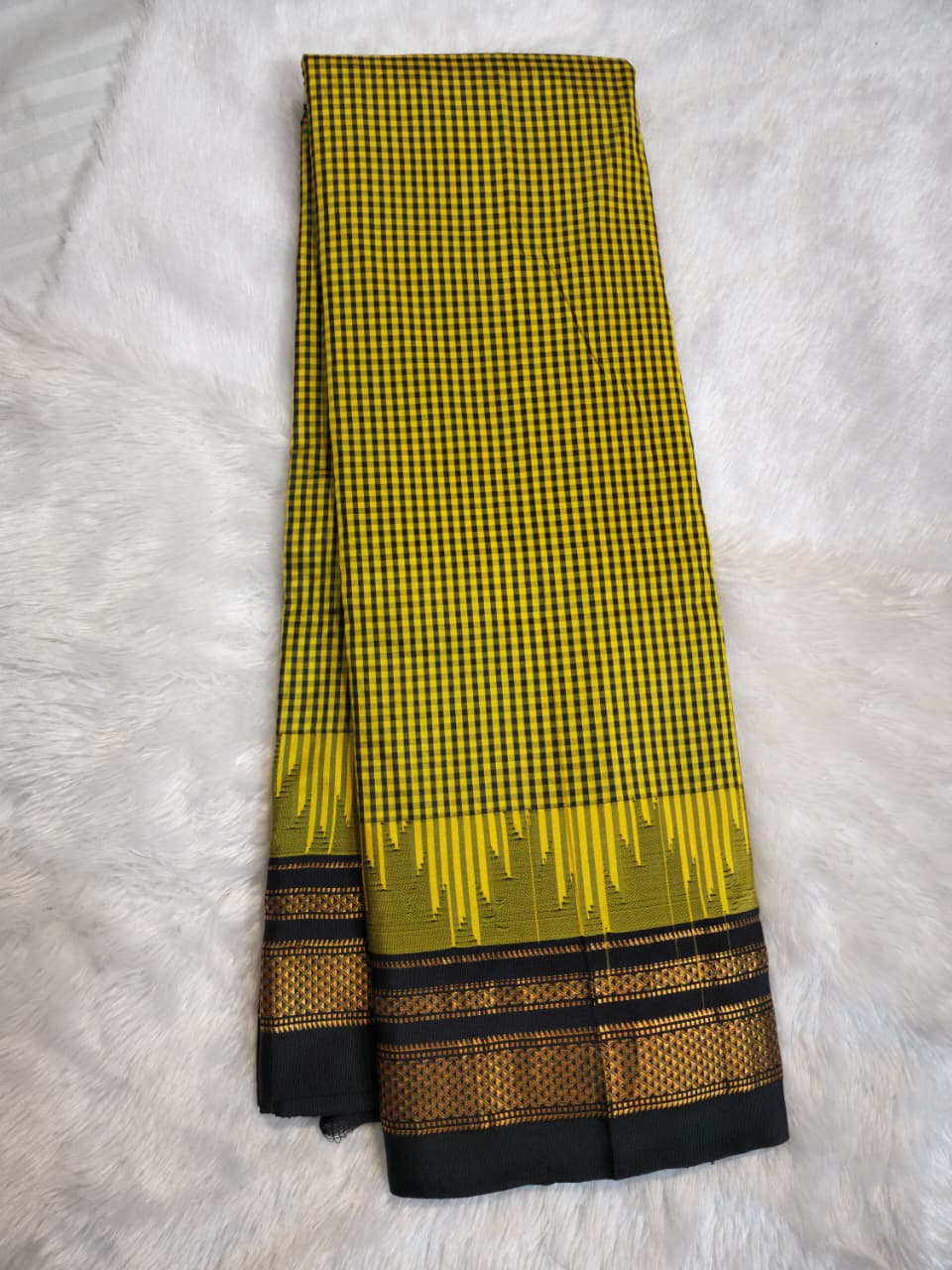 Mustard & Black Gadwal Ilkal Pure Silk Satrangi temple Checks