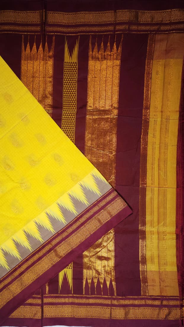 Sunshine Yellow Ilkal Checks Butta Saree with Maroon Zari Border