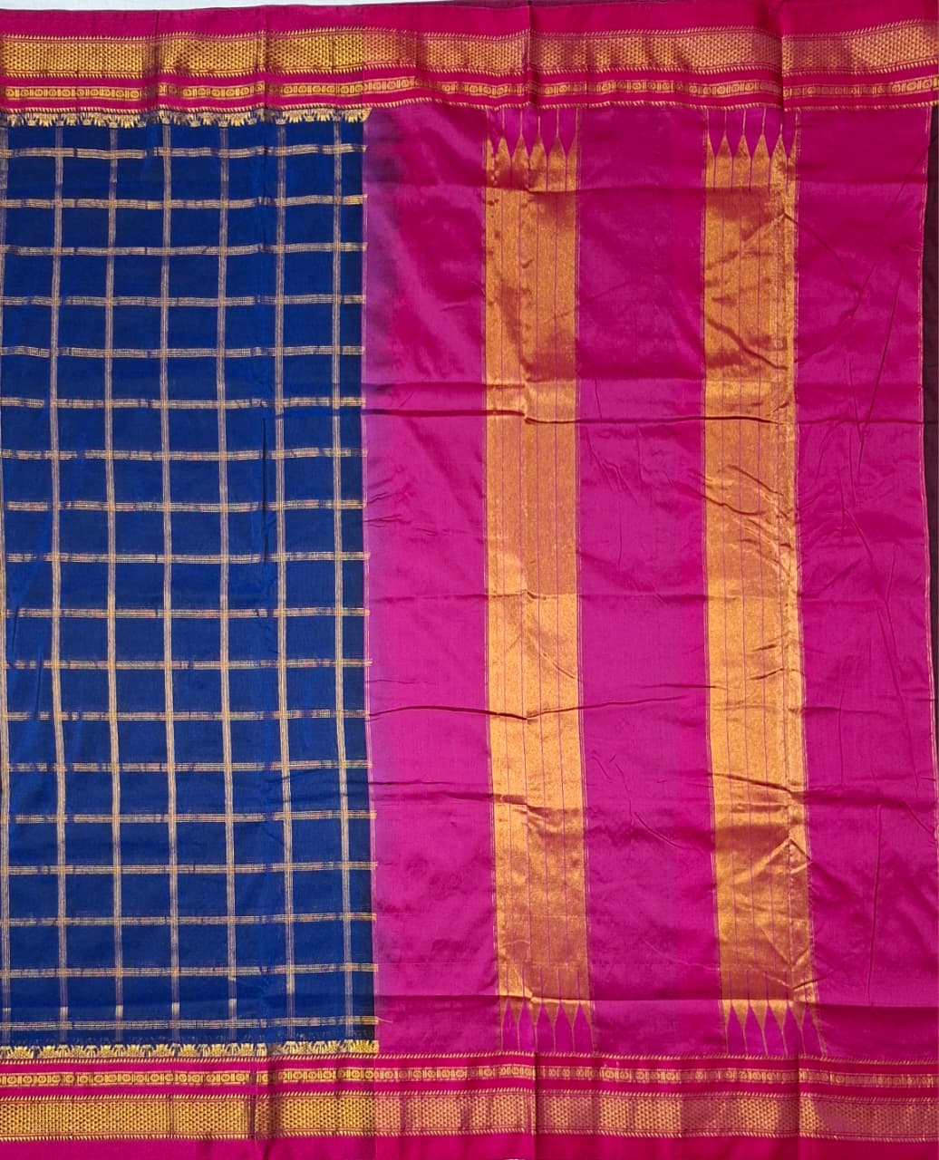 Royal Blue & Rani Pink  Big Jari Checks Ilkal Saree