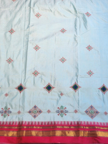 Sky Blue flower Ilkal Kasuti Cotton Saree