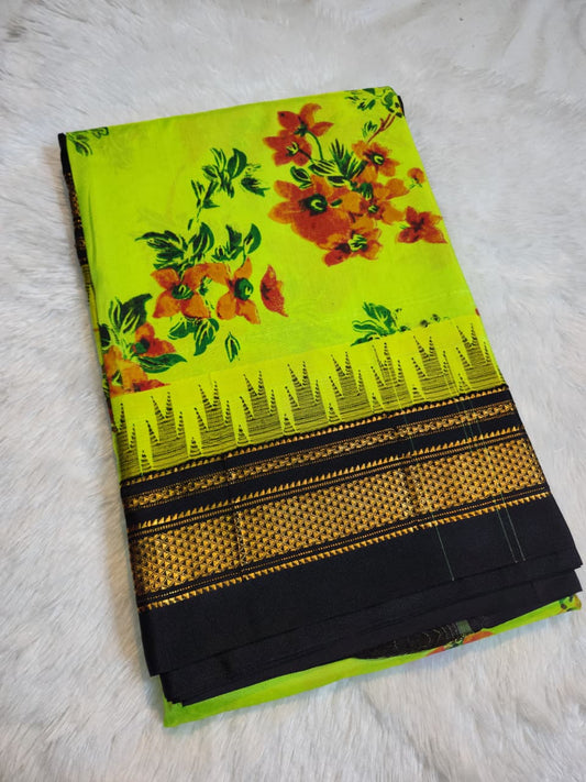 Vibrant Lime Green Ilkal–Kalamkari Floral print Fusion Saree