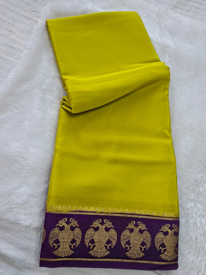 Lemon Yellow Mysore Crepe Silk with purple border-gandberunda motifs