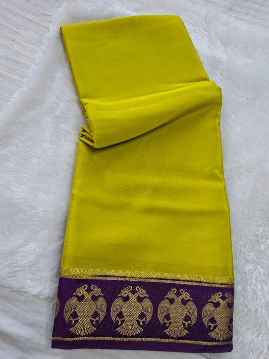 Lemon Yellow Mysore Crepe Silk with purple border-gandberunda motifs