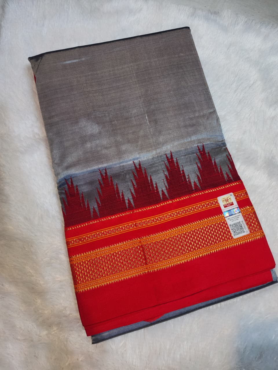 Charcoal Grey Plain Ilkal  Silk with Big Temple Border