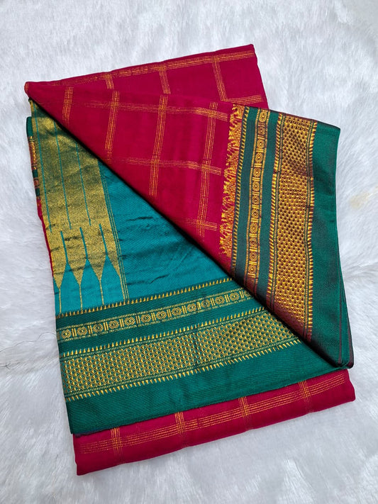 Rani Pink & Bottle Green  Big Jari Checks Ilkal Saree