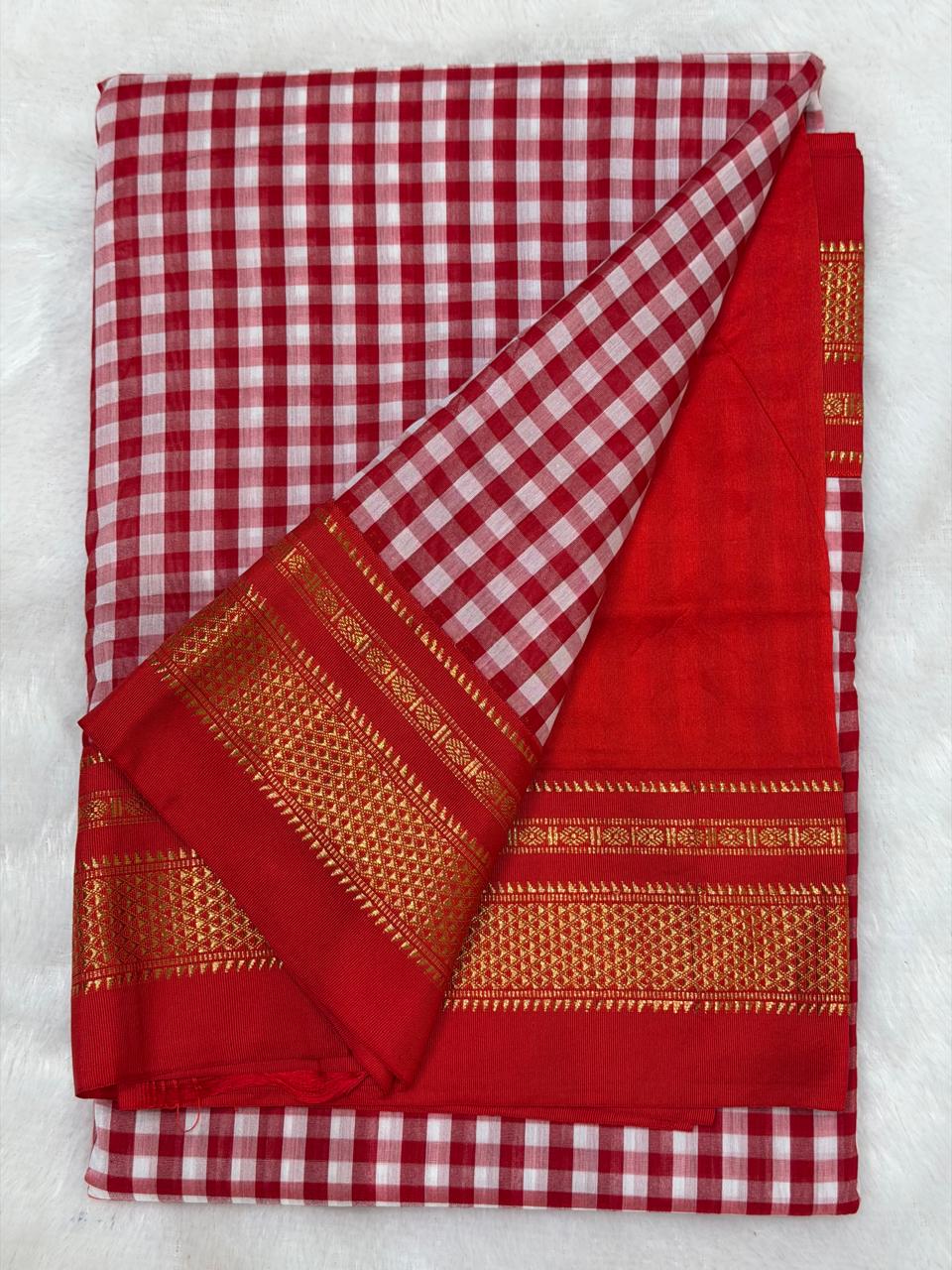 Premium Red & White Ilkal Mini Checks Saree with Gadwal border