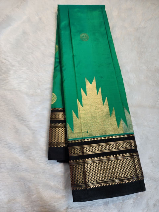 Emerald Green Gadwal Ilkal Silk with Two-Colour Zari Temple Tower Border