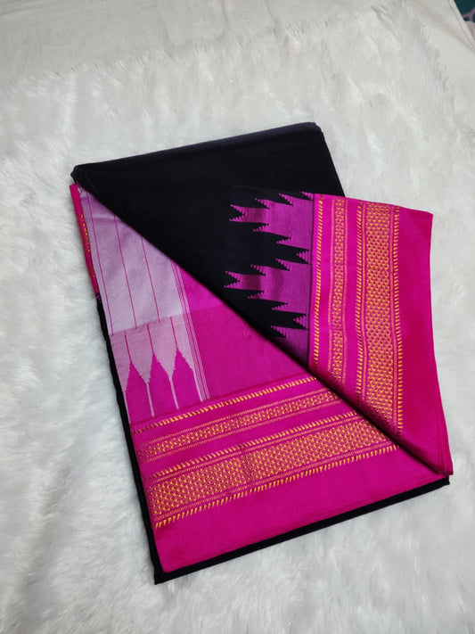 Black & Rani Pink Tana Gadwal Ilkal Cotton Saree