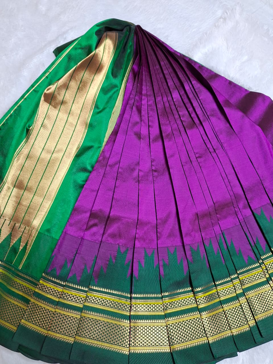 Pink Green plain with temple border ilkal silk