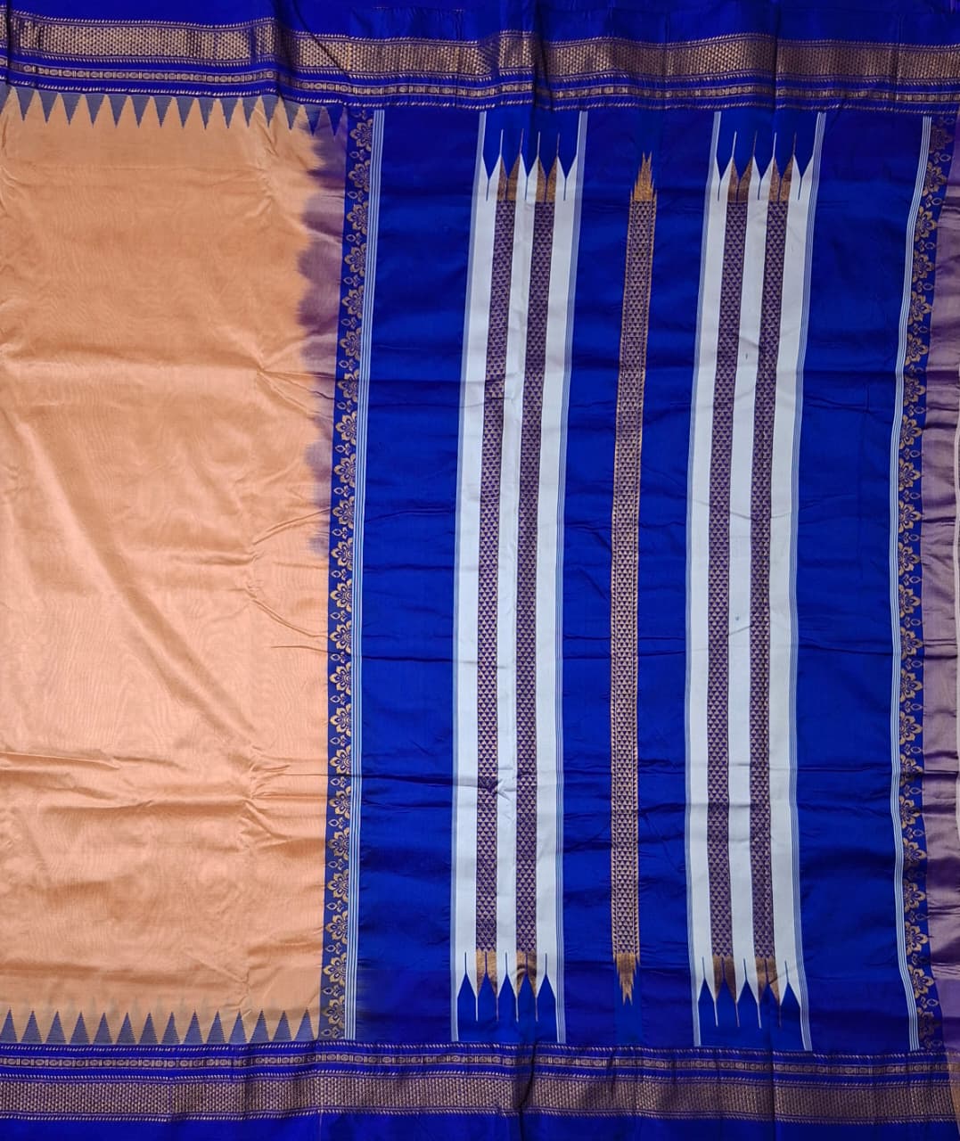 Rose Gold Ilkal Viscose Silk Saree with Royal Blue Chikki Paras Border
