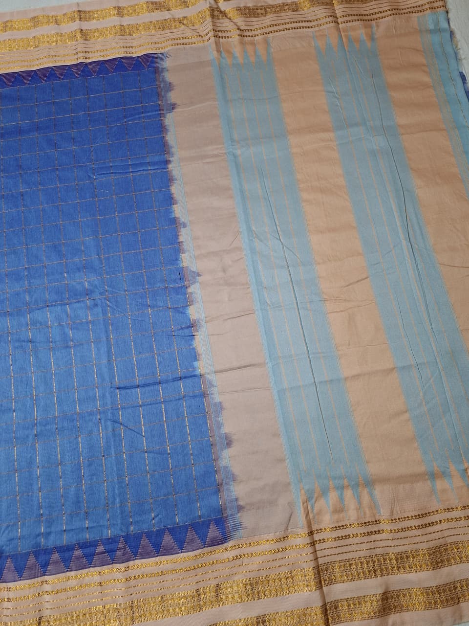 Dusty Blue Big Checks Ilkal Saree with Beige Big Border