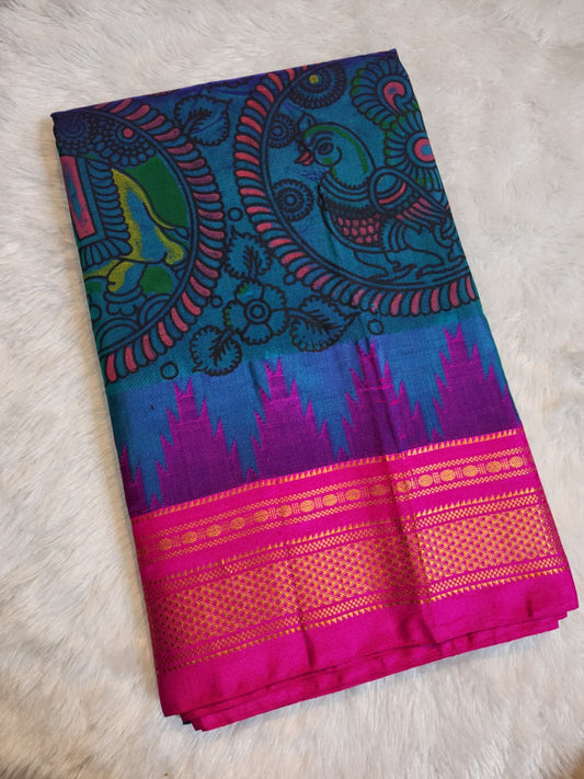 Rich Teal-Blue Ilkal–Kalamkari Floral print Fusion Saree