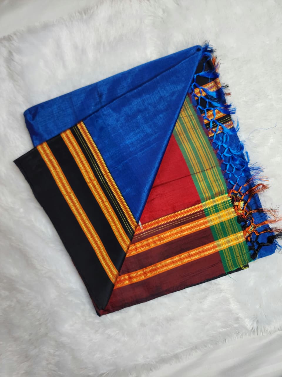 Royal Blue- Black Ilkal Viscose Saree with Gayathri Border