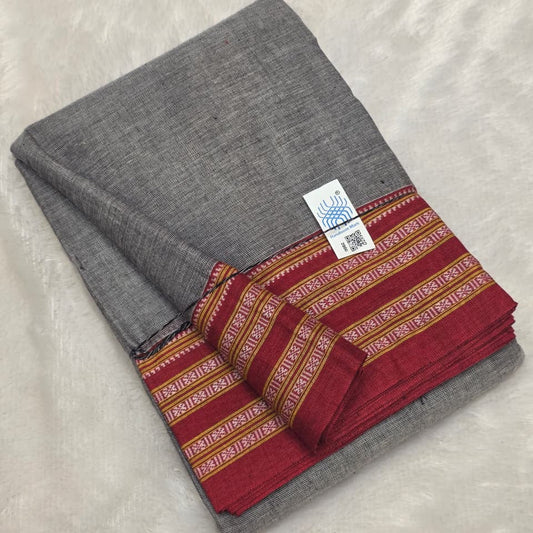 Grey-Maroon Ilkal handloom Patteda Anchu-Gayatri Border