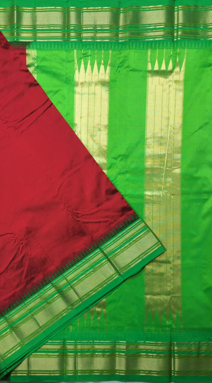 Wine–Maroon Gadwal Ilkal Pure Silk Saree with Small Regular Temple Border