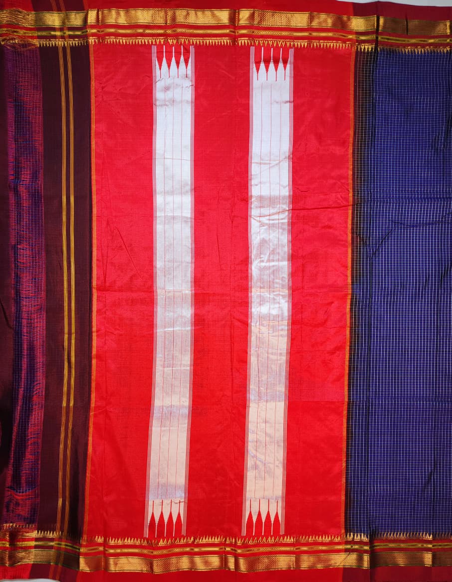 Royal Blue Ilkal Checks Cotton Saree with Thode Paras Border & Silk Pallu