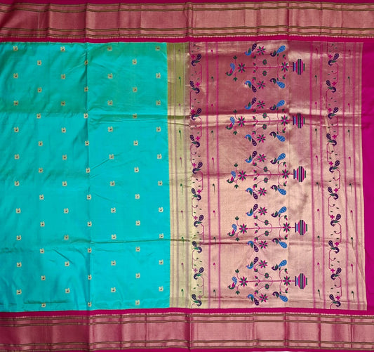 Aqua Blue Paithani Silk with Peacock Motifs
