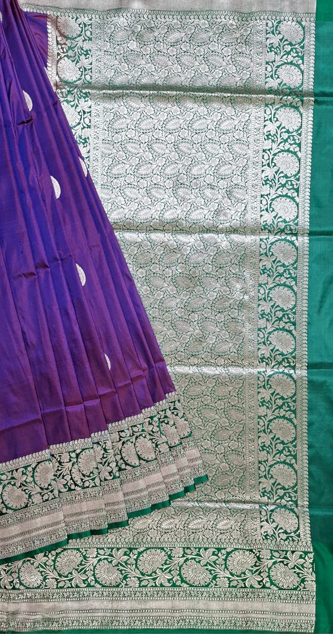 Purple Banarasi Silk Saree with Silver Leaf Motifs