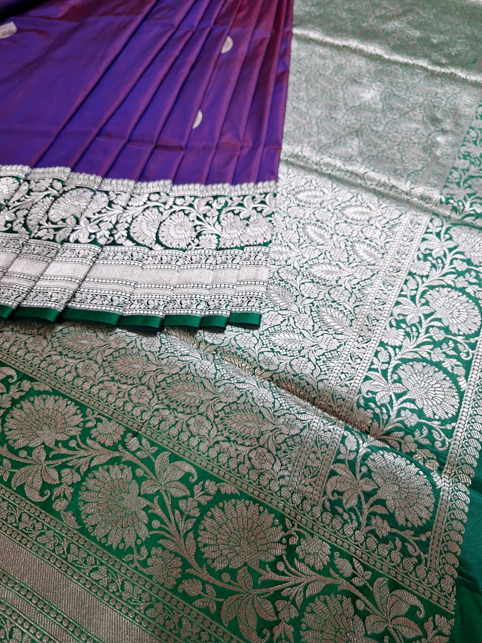 Purple Banarasi Silk Saree with Silver Leaf Motifs
