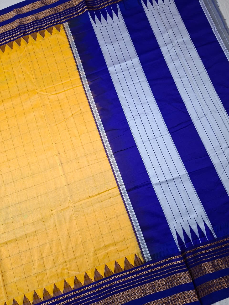 Mustard Yellow Big Checks Ilkal Saree with Royal Blue Big Border