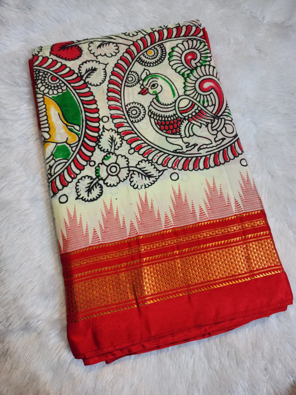 White Ilkal–Kalamkari Lotus print Fusion Saree