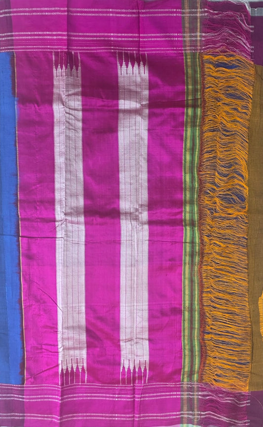 Blue-pink Ilkal Viscose Handloom Saree with Silk Pallu