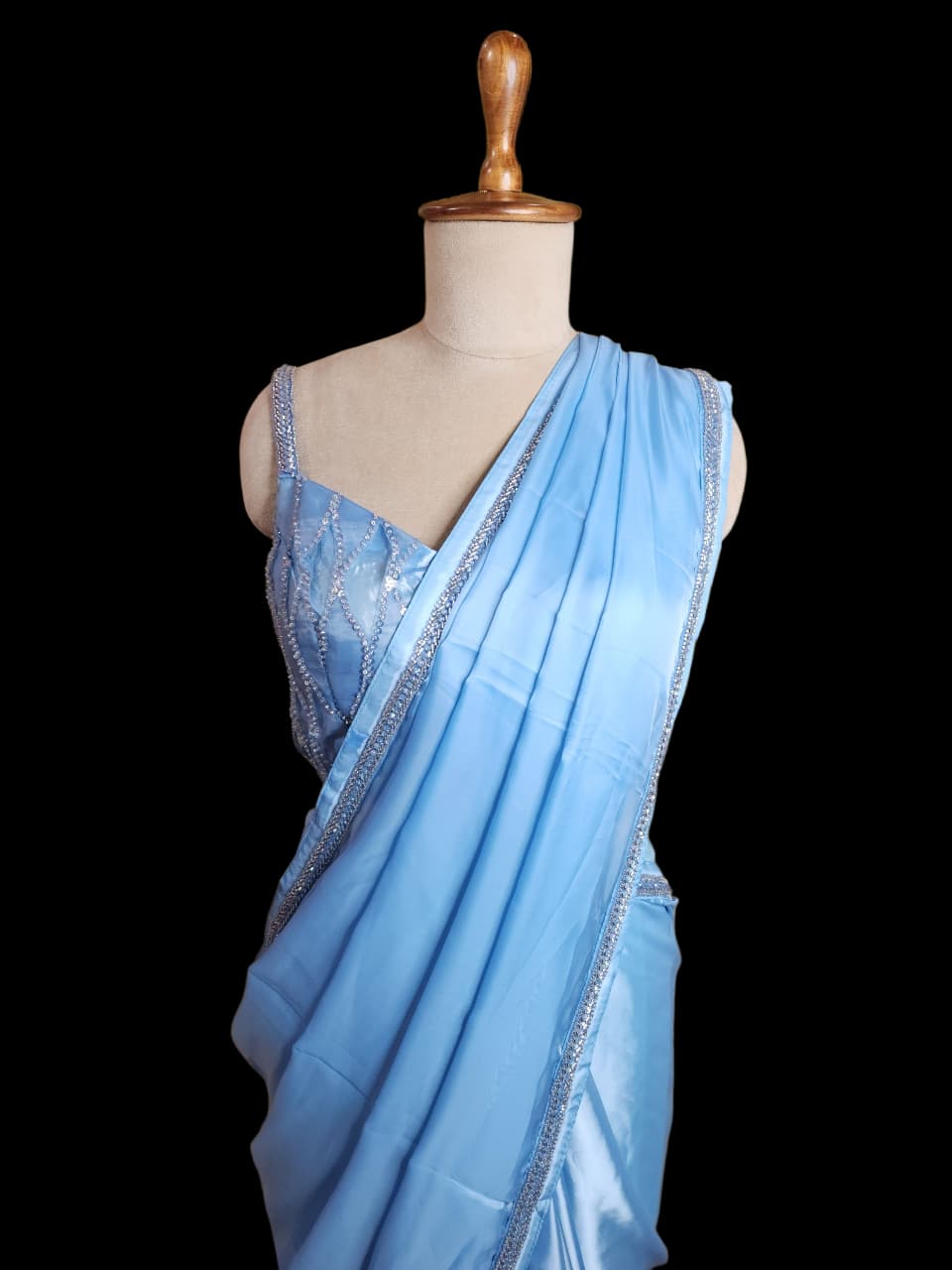 Crystal Dream – Sky Blue  Saree with Mirror-Work Blouse