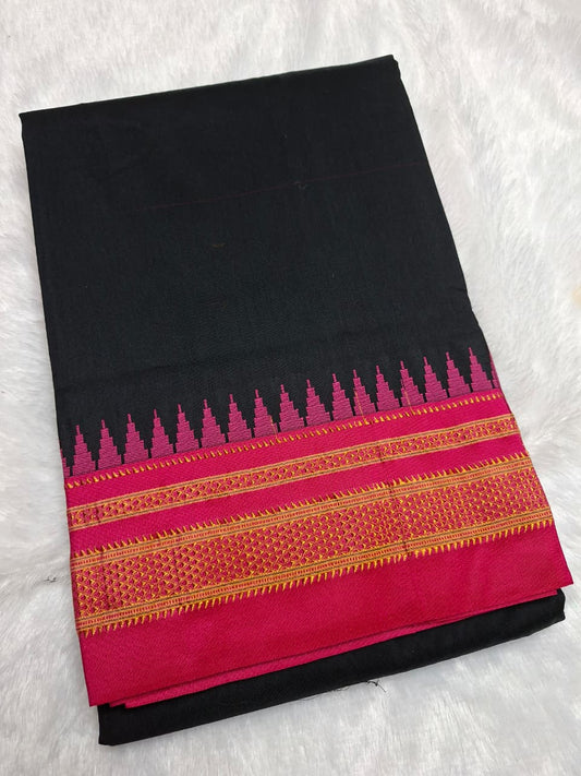 Classic Black Mini Gadwal Ilkal Saree with Rani Pink Chikki Paras Border