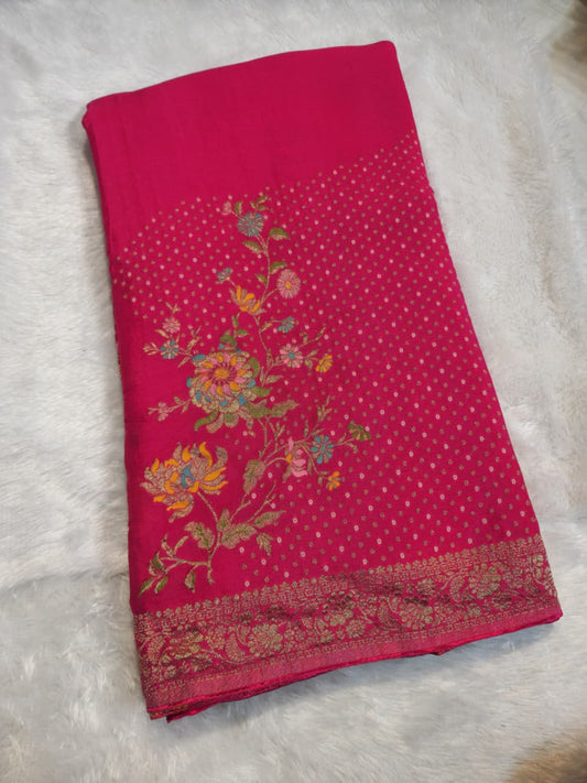 Rani Pink Banarasi Silk Saree with Floral Zari Embroidery