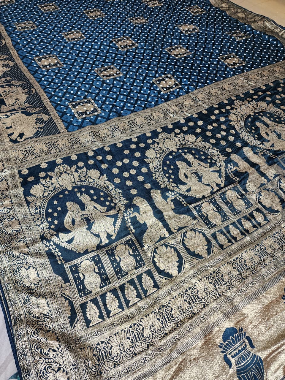 Midnight Blue Bandhani Print Saree with Royal Baraat Motif