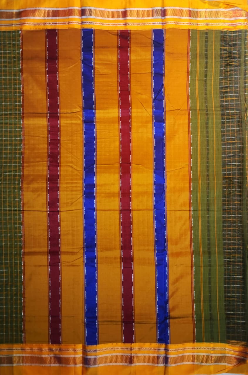 Olive green Double Checks Ilkal Cotton Saree with Mustard Zari Border