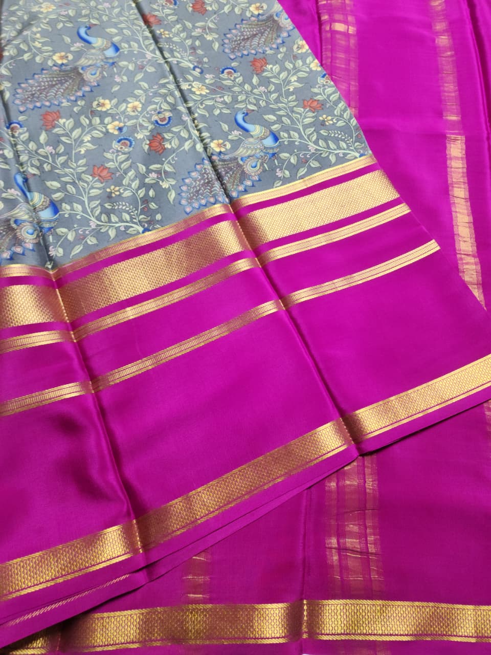 Majestic Peacock Print and Magenta Zari