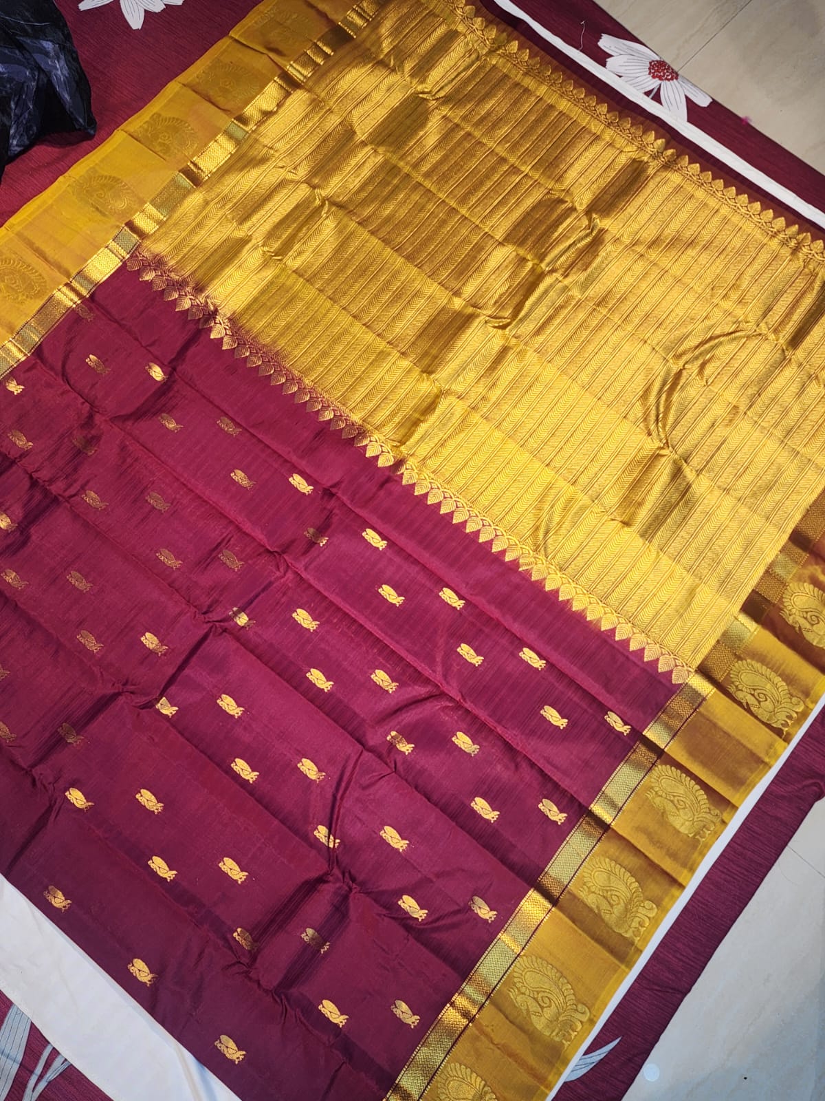 Maroon & Mustard Yellow Gadwal Silk Saree
