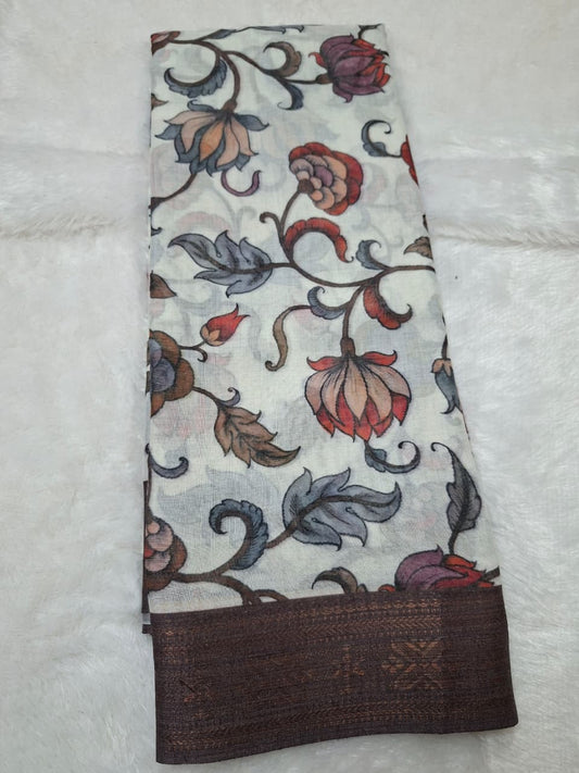 Off White & Brown Cotton- flower Kalamkari Saree
